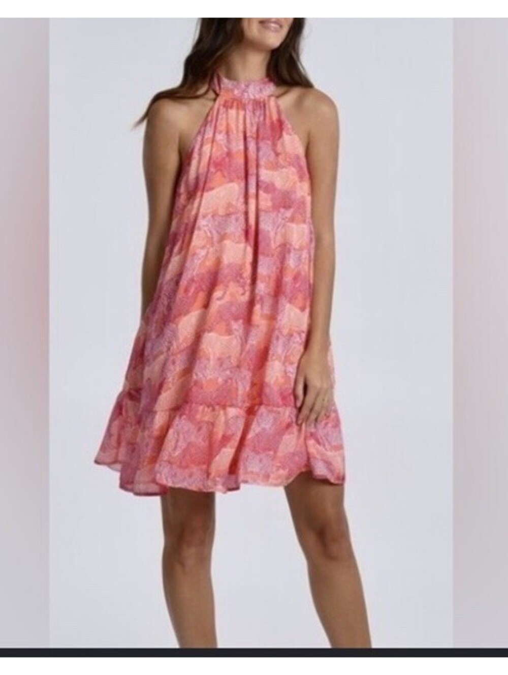 Molly Bracken High Halter Neck Ruffle Mini Dress In Pink Leopard Savannah XS